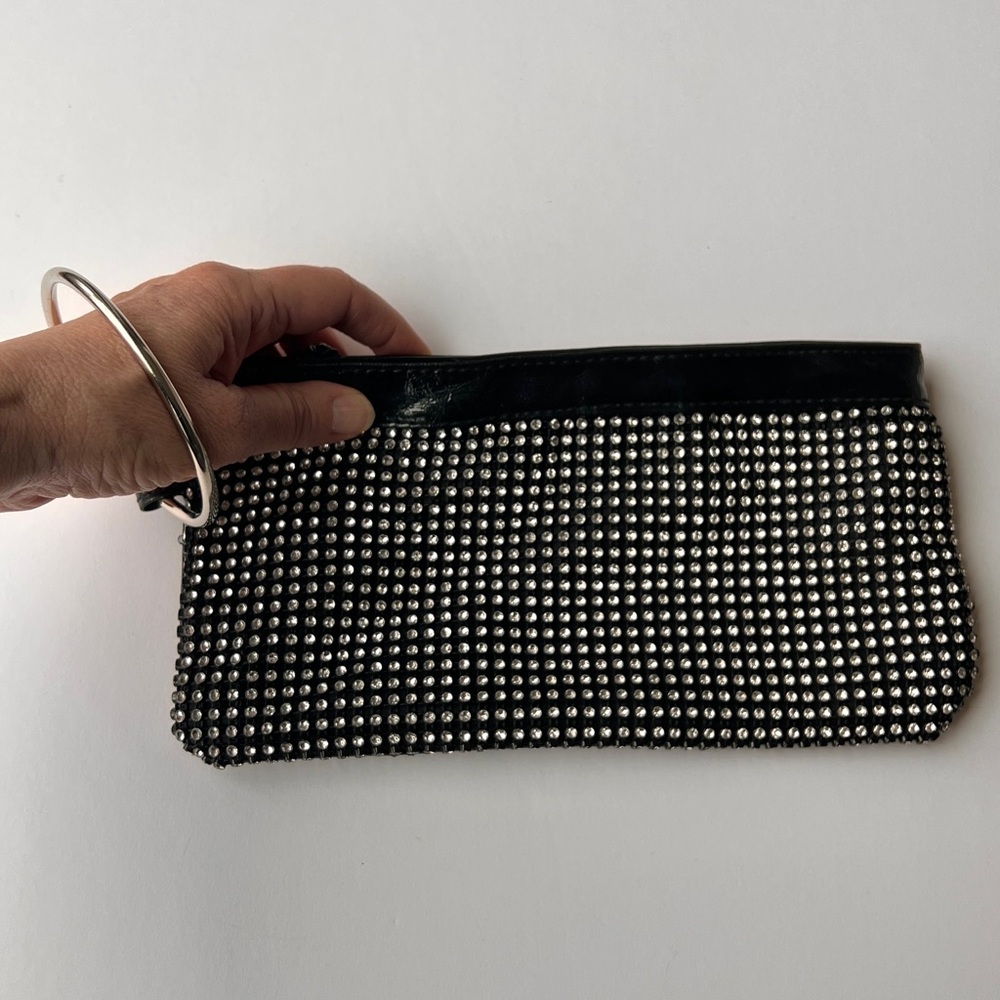 Black Patent Rhinestone Wristlet Clutch w/ Silver Hardware Small Sparkle Purse - Picture 5 of 8